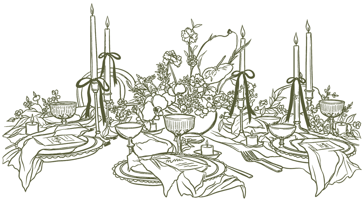 Line drawing of the dinner table: tall candles tied with ribbon, flowers, coupes and folded napkins